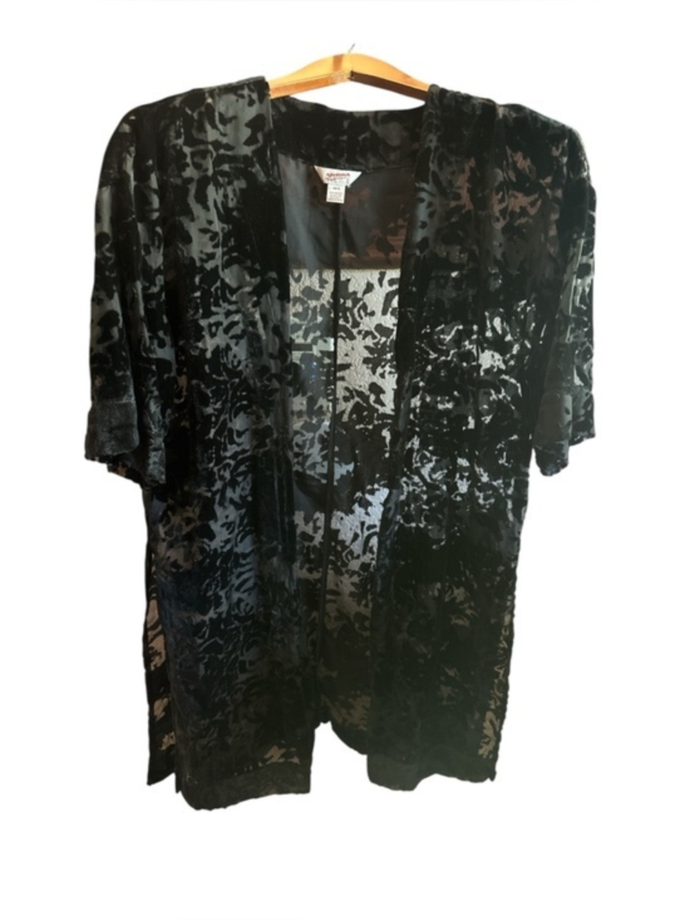 Arizona Jean Company Black Velvet Burnout Sheer Mesh Short Sleeve Open Cardigan